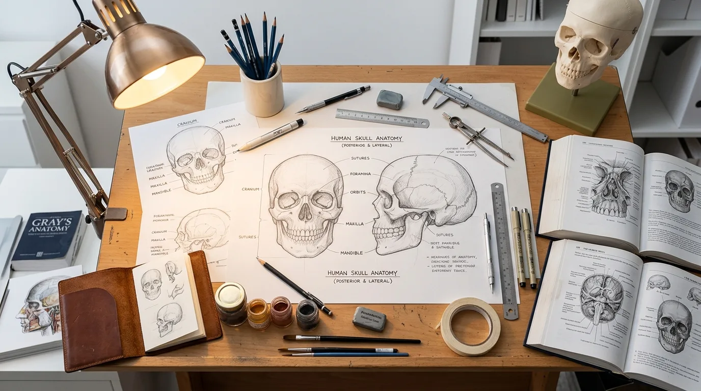 Medical illustrator's drafting table with detailed anatomical skull drawings and precision instruments