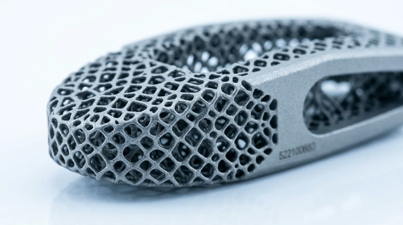 Precision titanium cranial implant with intricate lattice structure on clinical white background